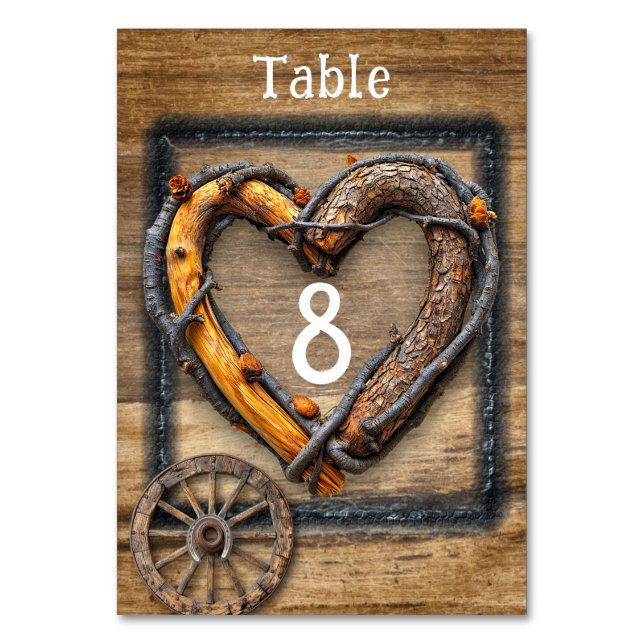 Country Western Wedding Twig Frame Wagon Wheel  Table Number (Front)