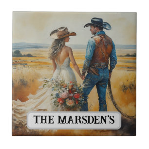 Country Western Wedding Watercolor Ceramic Tile
