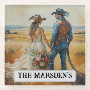 Country Western Wedding Watercolor Glass Coaster