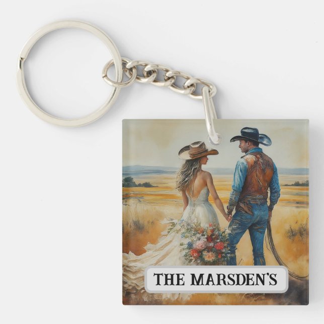Country Western Wedding Watercolor Key Ring (Front)