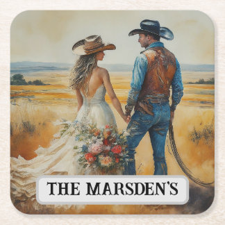 Country Western Wedding Watercolor Square Paper Coaster