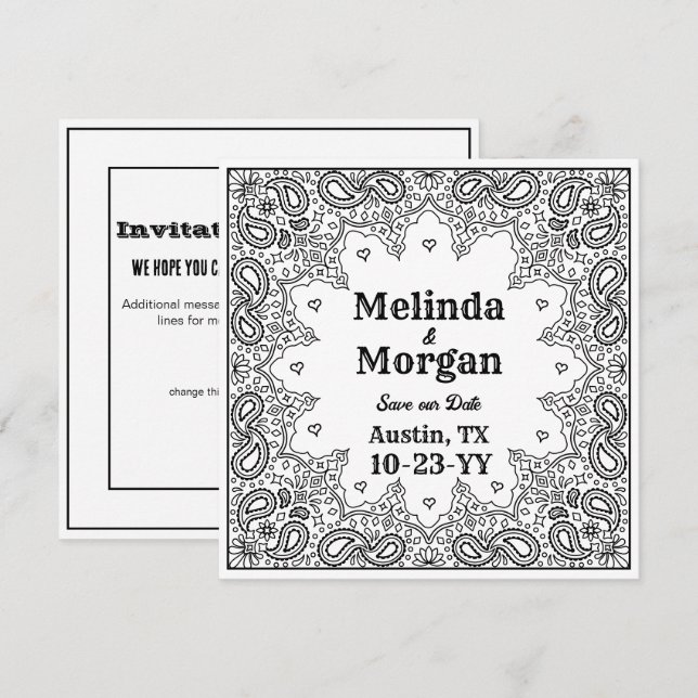 Country Western Wedding White Bandanna Save The Date (Front/Back)