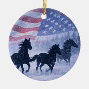 Country Western Wild Horses in the Snow Christmas Ceramic Ornament