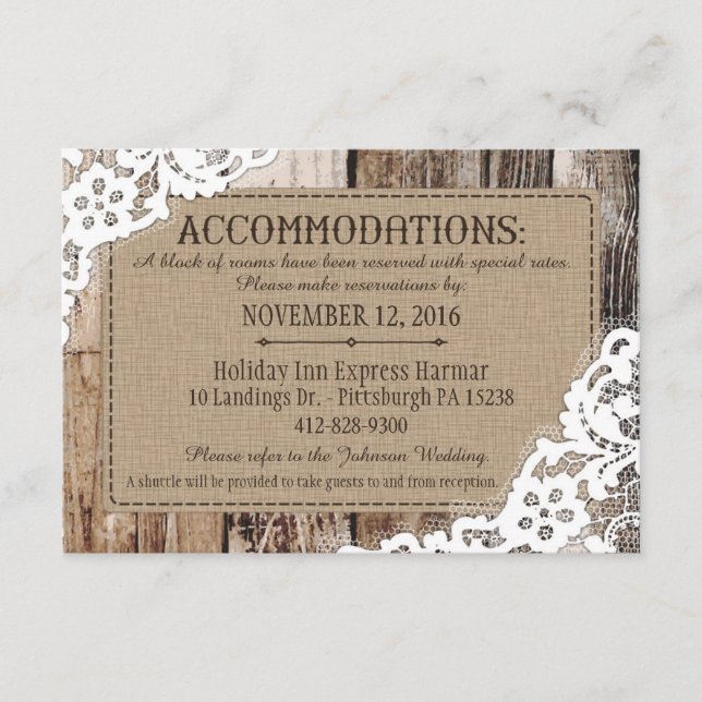 Country Western Wood Lace Rustic Accommodations Enclosure Card (Front)