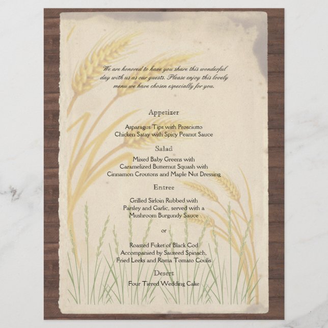 Country Wheat Grass on Parchment Wedding Menu (Front)