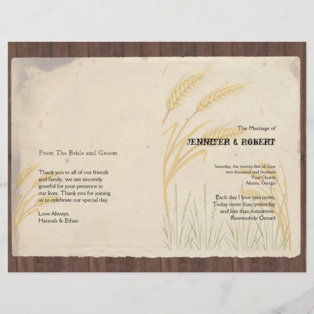 Country Wheat Grass on Parchment Wedding Program (Front)