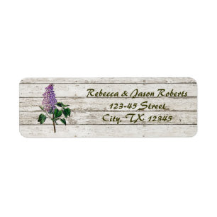 country whitewashed barn wood purple lilac wedding return address label