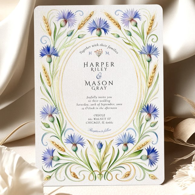 Country Wildflower Cornflower & Wheat Wedding Invitation (Creator Uploaded)