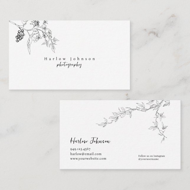 Country Wildflower Floral Botanical Line Drawing Business Card (Front/Back)