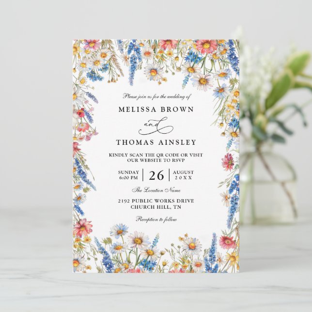 Country Wildflower Rustic Modern QR Code Wedding Invitation (Standing Front)
