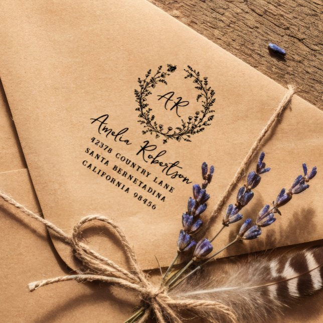 Country Wildflowers & Bee Monogram Rustic Address Rubber Stamp (Creator Uploaded)