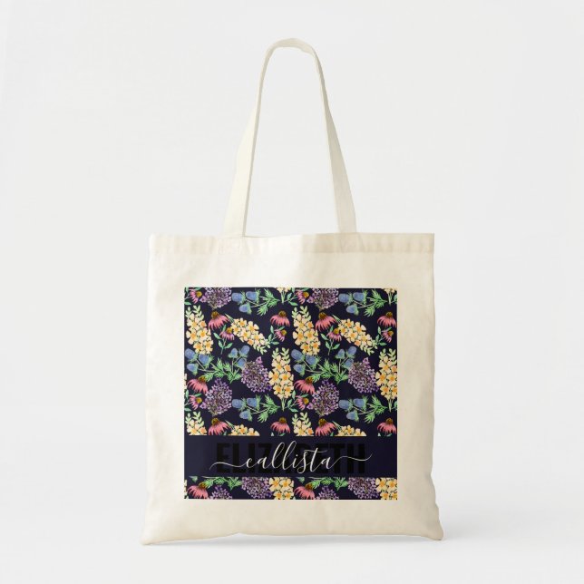 Country Wildflowers Floral Watercolor Monogram Tote Bag (Front)