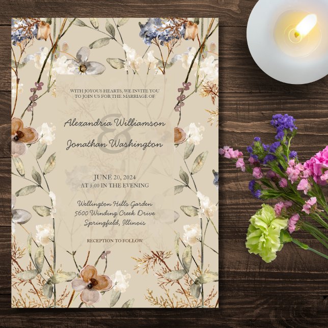Country Wildflowers on Beige Wedding  Invitation (Creator Uploaded)
