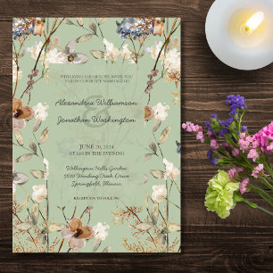 Country Wildflowers on Sage Green Wedding  Invitation