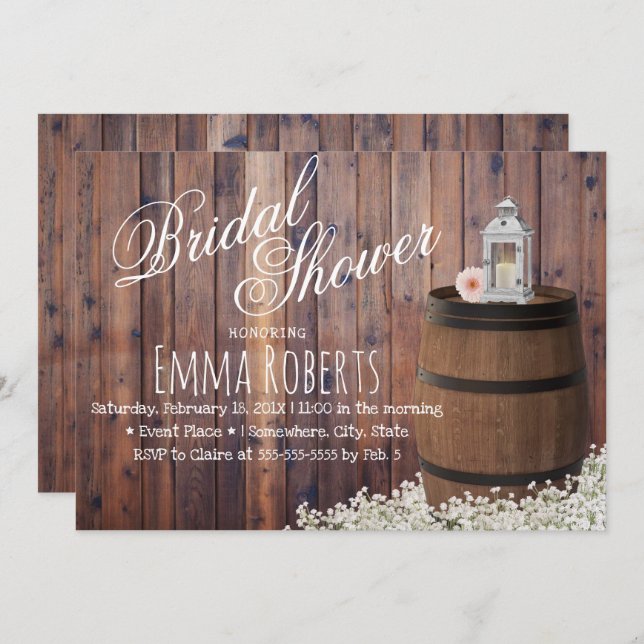 Country Wine Barrel & Lantern Floral Bridal Shower Invitation (Front/Back)