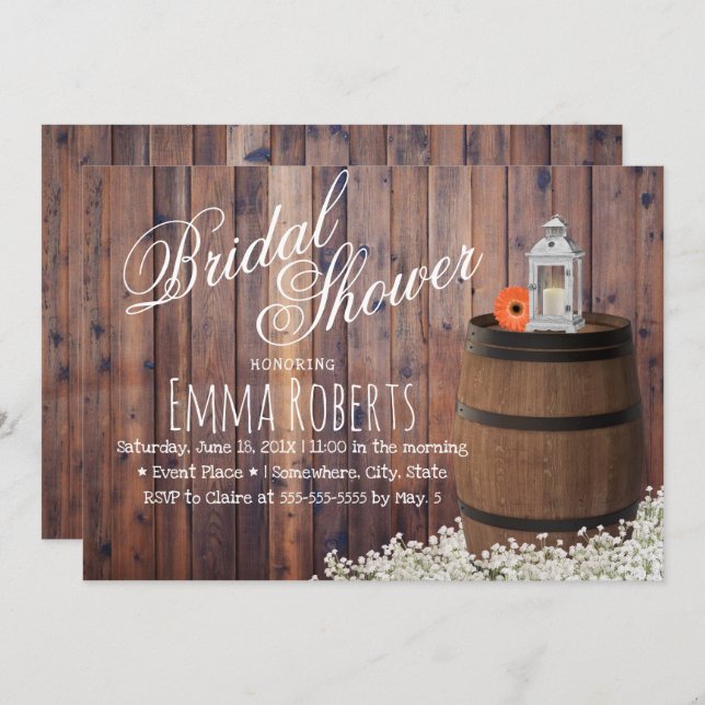 Country Wine Barrel & Lantern Floral Bridal Shower Invitation (Front/Back)