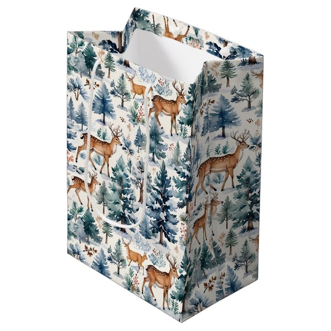 Country Winter Deer & Snowy Forest Medium Gift Bag (Front Angled)