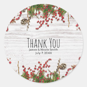 Country Winter Holiday Berries & Pine Cone Wedding Classic Round Sticker