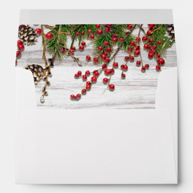 Country Winter Holiday Berries & Pine Cone Wedding Envelopes (Back (Bottom))