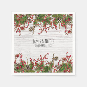 Country Winter Holiday Berries & Pine Cone Wedding Napkin
