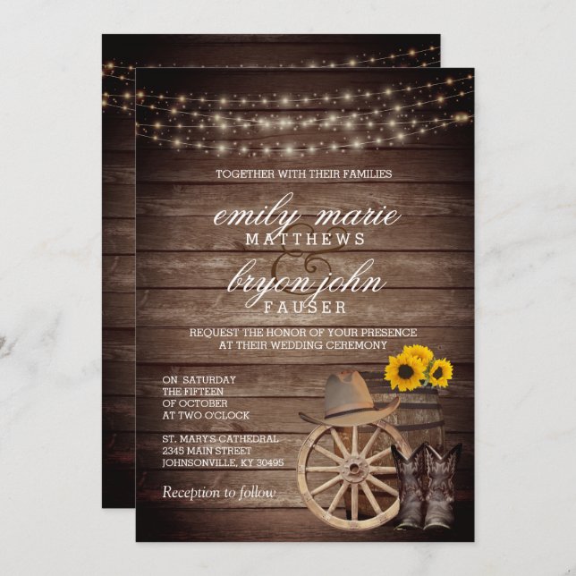 Country Wood Barrel Wedding with Sunflowers Invitation (Front/Back)