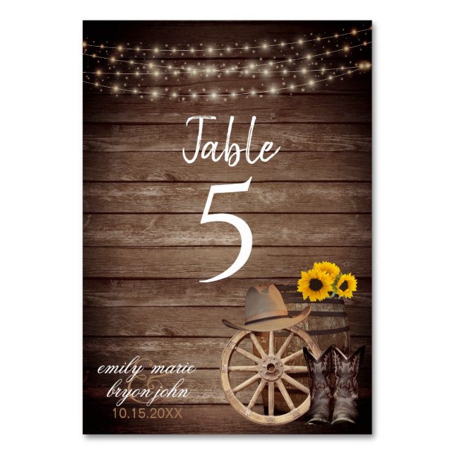 Country Wood Barrel Wedding with Sunflowers Table Number (Front)