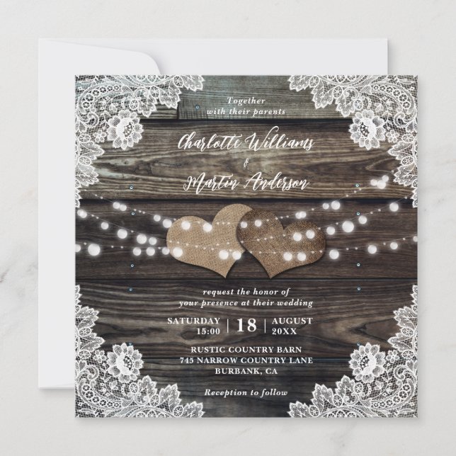 Country Wood Burlap Hearts Floral Lace Wedding Invitation (Front)