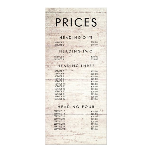 Country Wood Grunge Antique Menu Price List (Front)