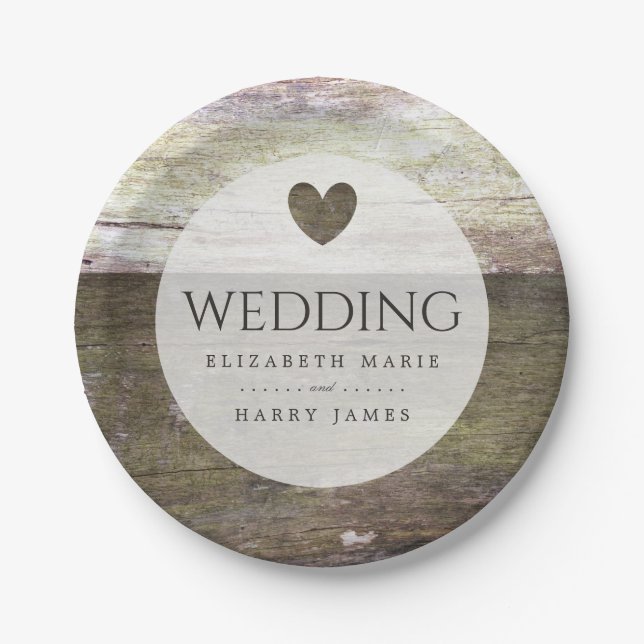 Country Wood Heart Wedding Paper Plate (Front)