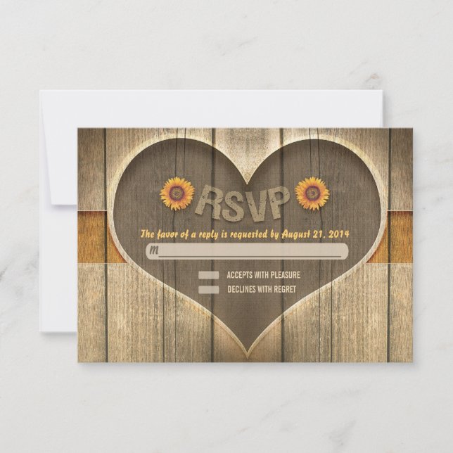 country wood heart wedding rsvp design card (Front)