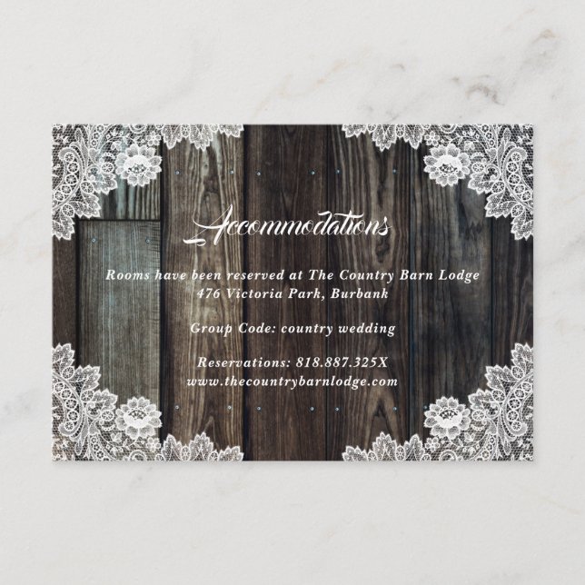 Country Wood Lace Wedding Hotel Accommodation Card (Front)