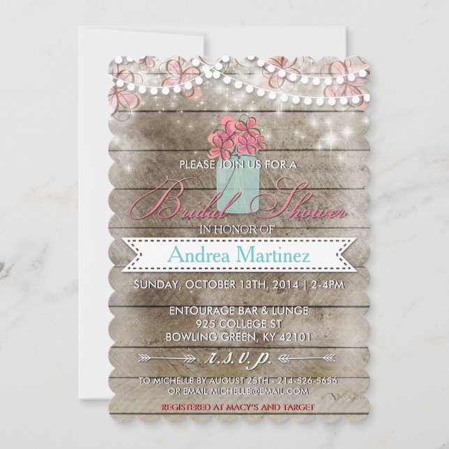 Country Wood Rustic Mason Jar Bridal Shower Invite (Front)