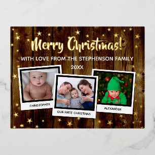Country Wood Stars Merry Christmas Family 3 Photo Foil Holiday Postcard