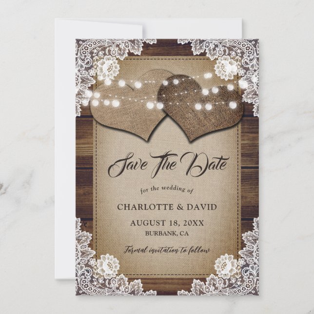 Country Wood String Lights Burlap Lace Wedding Save The Date (Front)
