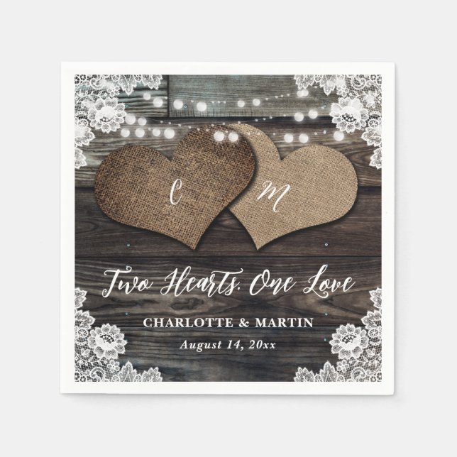 Country Wood Two Hearts Floral Lace Wedding Napkin (Front)