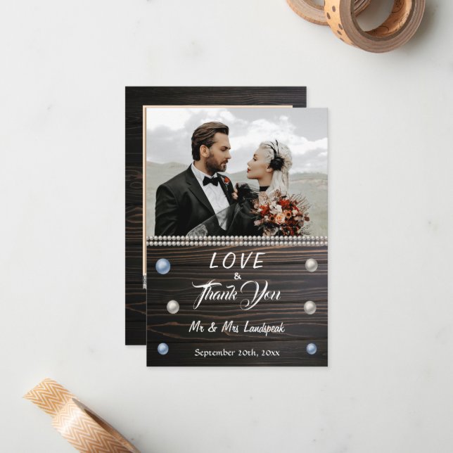 Country Wood White Pearls & Lace Thanks Note Card (Front/Back In Situ)