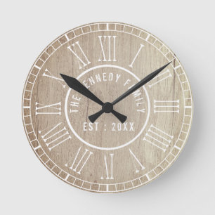 Country Wood White Roman Numerals Family Name Round Clock