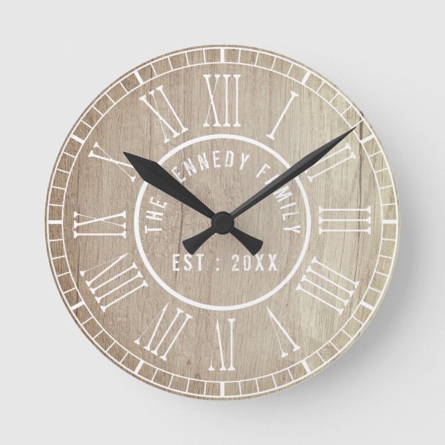 Country Wood White Roman Numerals Family Name Round Clock (Front)