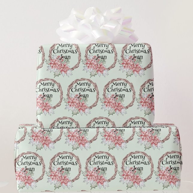 Country Wreath Christmas Poinsettia Add Name Wrapping Paper (Creator Uploaded)