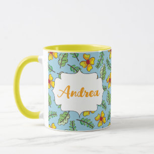 Country Yellow Flowers and Leaves Name Mug