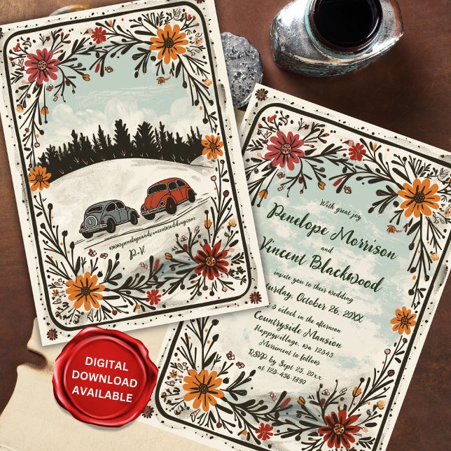 Countryside Cute Cars Boho Floral Wedding Invitation (Creator Uploaded)