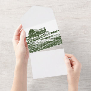 Countryside landscape woodcut style farm house all in one invitation