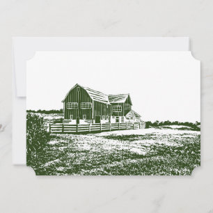 Countryside landscape woodcut style farm house announcement