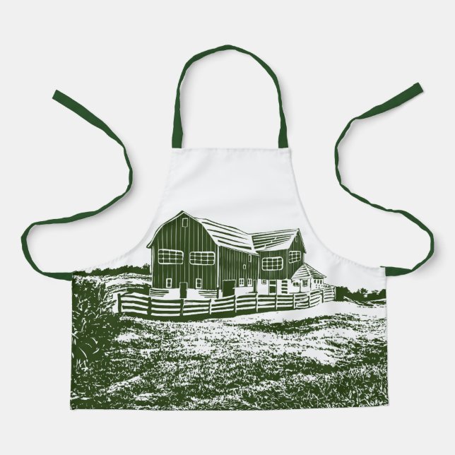 Countryside landscape woodcut style farm house apron (Front)