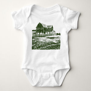 Countryside landscape woodcut style farm house baby bodysuit