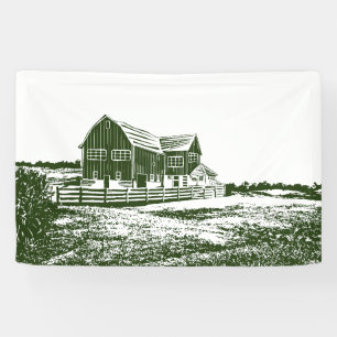 Countryside landscape woodcut style farm house banner