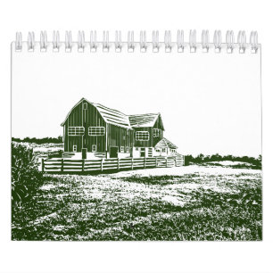 Countryside landscape woodcut style farm house calendar