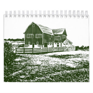 Countryside landscape woodcut style farm house calendar