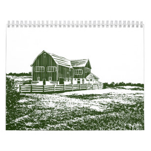 Countryside landscape woodcut style farm house calendar