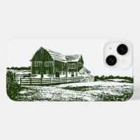 Countryside landscape woodcut style farm house